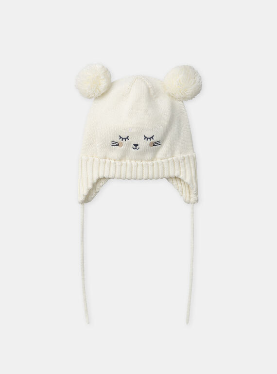 Bonnet en maille écru visage chat et 2 pompon Bébé Fille NIMATHILDE / 25H4BFE2BON001