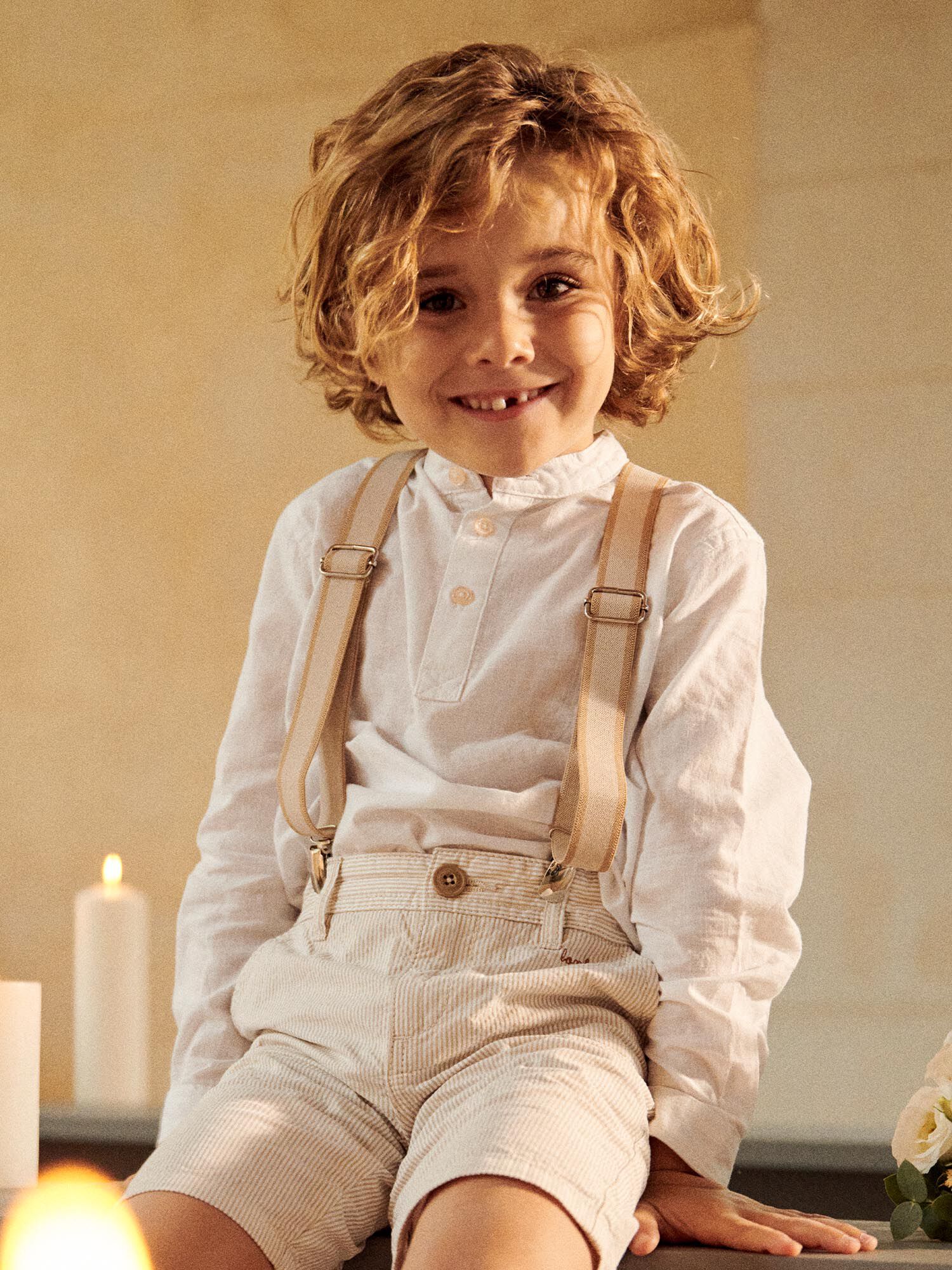 Bretelles ecru et beige pour pantalon avec details en cuir Garcon Sergent Major
