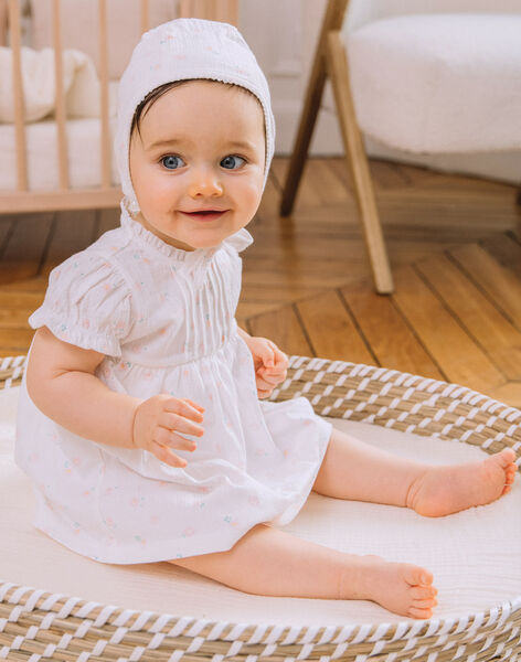 Robe et béguin de naissance blancs à imprimé fleurs FOLINA / 23E0CFT1ROB000