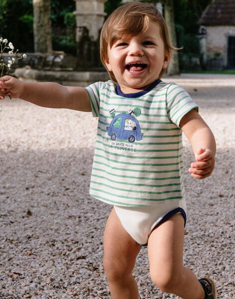 Body T-shirt à rayures vert pistache et écru FAMALO / 23E1BGN1BOD001