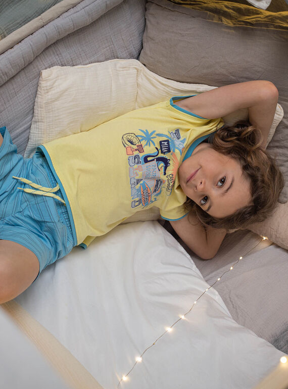 Pyjama jaune fluo et bleu à motif crocodile à la plage enfant garçon CAPLAGE / 22E5PG51PYJB113