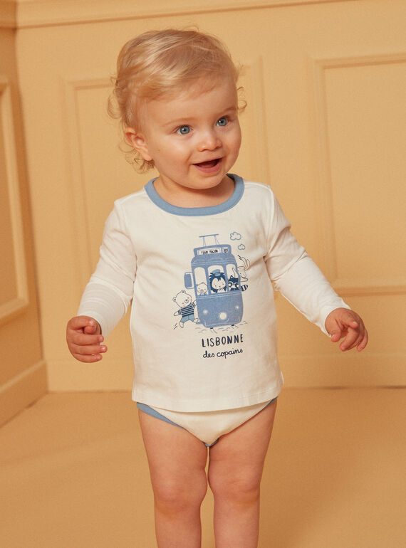 Body t-shirt écru et bleu clair à motifs tramway et animaux LADULIO / 24H1BGJ1BOD001