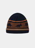 Bonnet en maille bleu foncé et orange dinosaures Garçon NIRAYAGE / 25H4PGE2BONC214