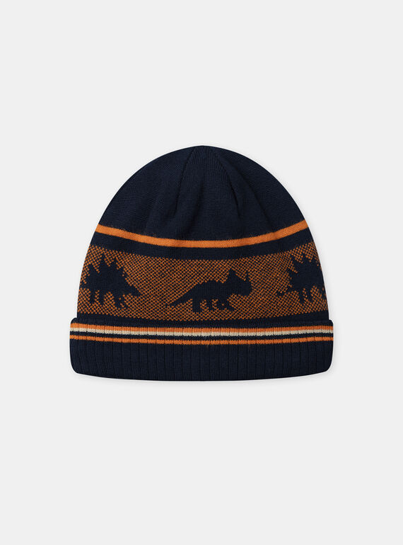 Bonnet en maille bleu foncé et orange dinosaures Garçon NIRAYAGE / 25H4PGE2BONC214