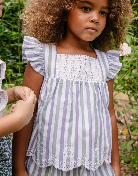Blouse écrue volantée à rayures bleu et vert FURAYETTE / 23E2PFN1CHE001