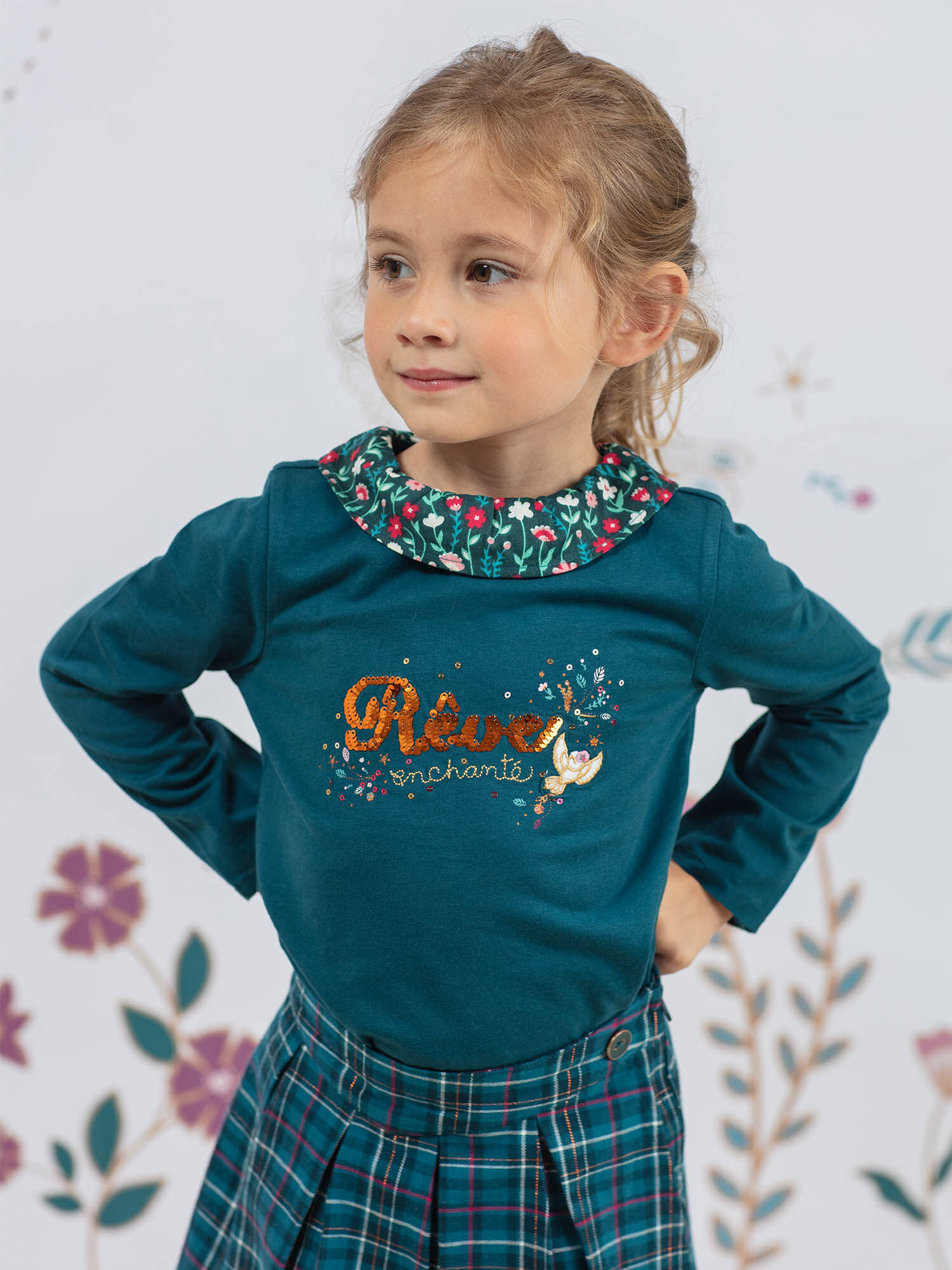 T shirt manches longues bleu canard col imprim fleuri enfant fille
