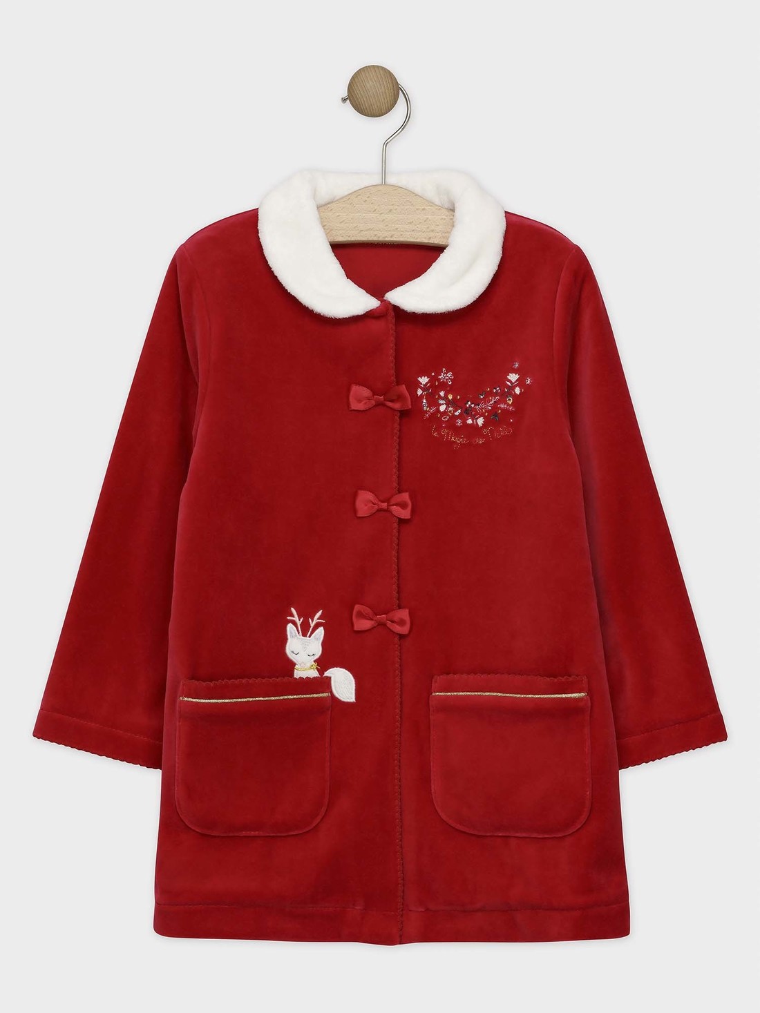 Robe de chambre en velours rouge et col en fausse fourrure petite fille